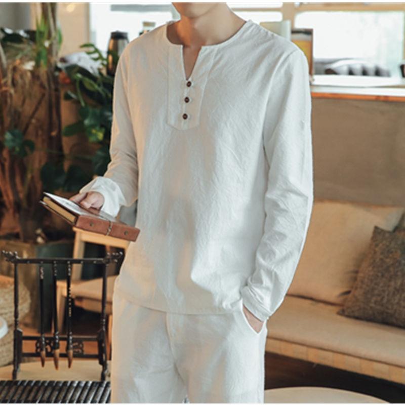 Men's Oversize Summer Cotton Linen V-Neck Chinese T-shirt with Long Sleeves - Plus Size 3