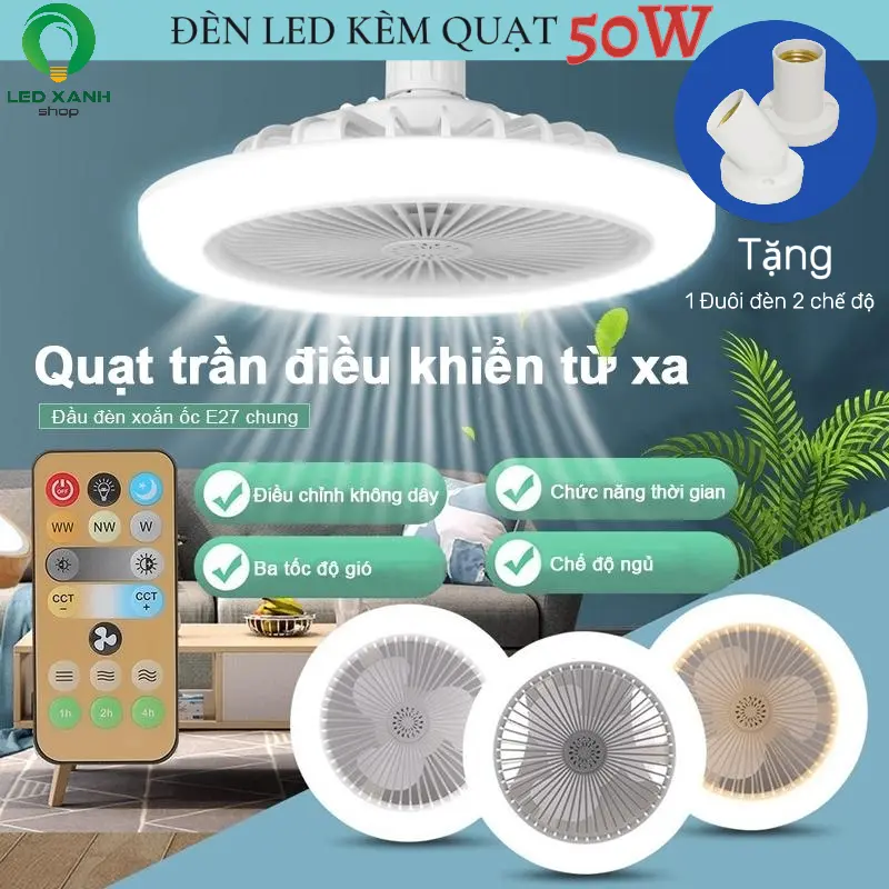 [Tặng Đuôi] Quạt Trần Đèn Led 50W Cải Tiến Kết Hợp Đèn 3 Màu Có Điều Khiển Từ Xa Đui Xoáy E27 Tiện Dụng