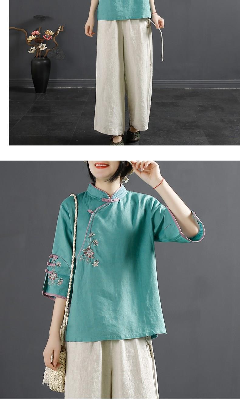 Product Introduction of Oemg2024 Summer New Chinese Style Retro Cotton and Linen Shirt Women's Chinese Style Stand-up Collar Frog Button Top Embroidered Cotton Tea Clothes 14