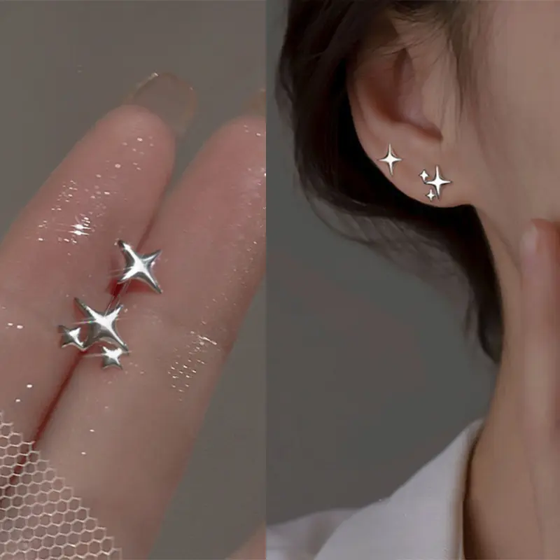 Silver Color Asymmetric Four-pointed Star Stud Earrings for Women Super Fairy Simple Fashion  Accessories Birthday Gift