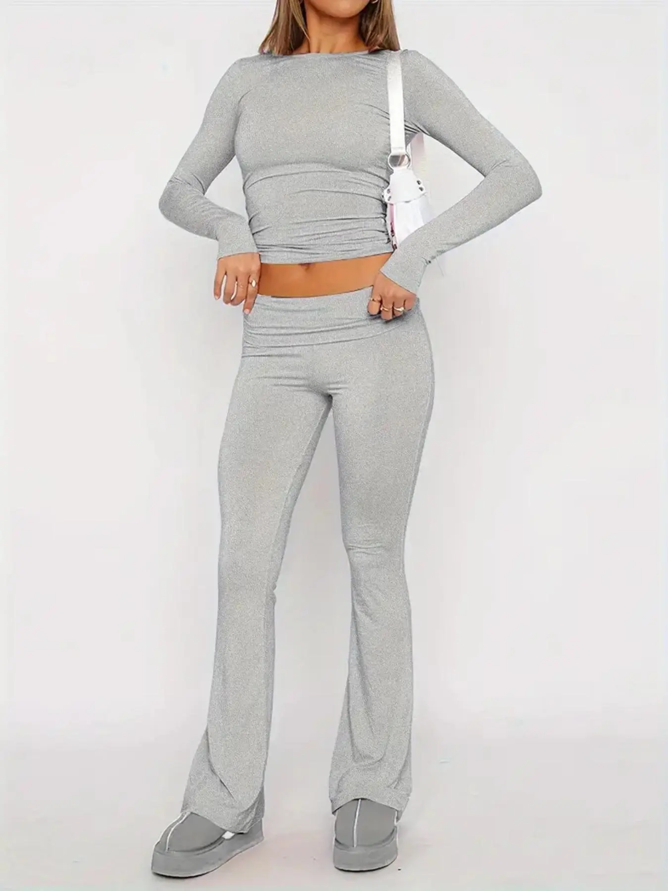 Women's Solid Long Sleeve Crop Top & Flare Leg Pants Set, Sporty Round Neck Top & Bell Bottom Trousers, Casual Sportswear Set for Yoga Gym Workout