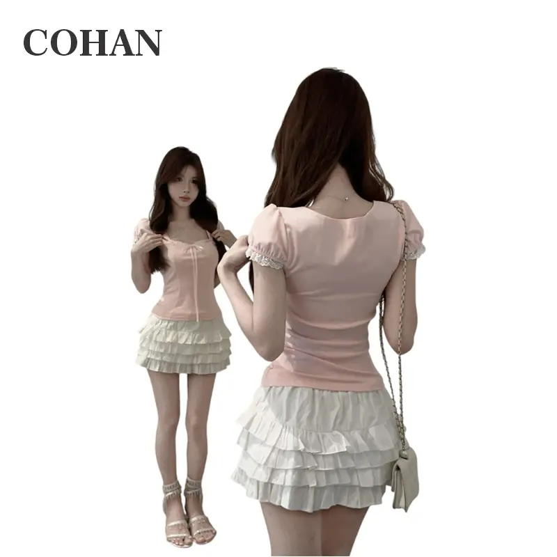 Cohan DS064 Women Top Crop Square Neck  Short Sleeve  Fashion Brown S/M/L 1