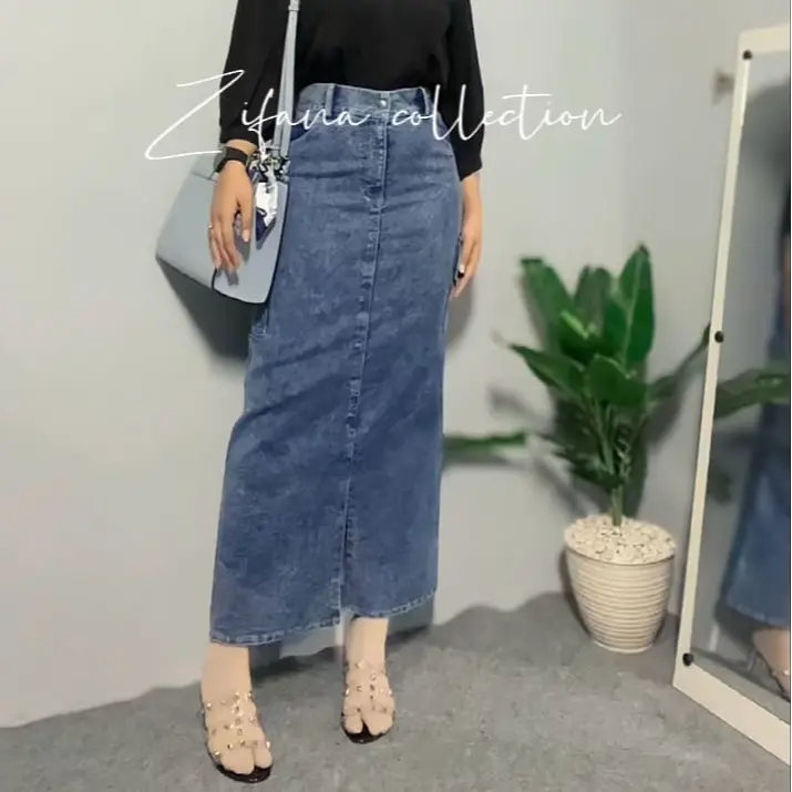 Zifana-Rok Jeans Cargo Belah Depan Korean Style Melar Variasi Kantong samping 3