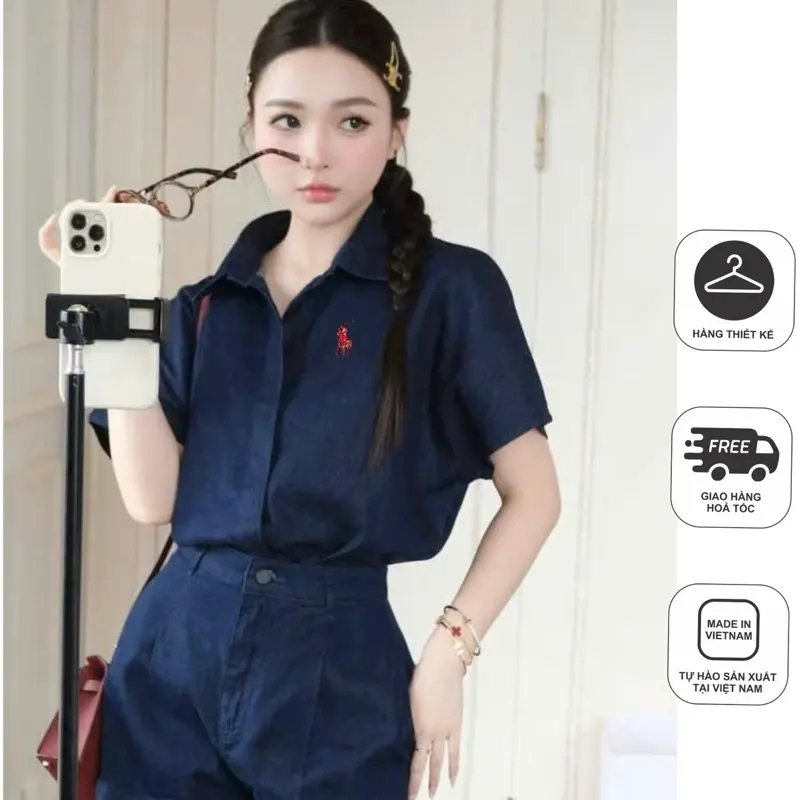Set somi nữ thêu hình ngựa quần short, chất denim đẹp form dáng chuẩn hàng thiết kế.
