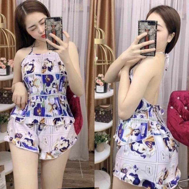  Đồ Bộ yếm Lụa Satin nữ - 35kg đến 65kg - CHO KIỂM HÀNG Women Áo Quần Ngủ Xanh Kem 