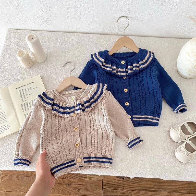 Product Introduction of Ins 2024 Autumn Baby Girls Knit Cardigan Sweater Lotus Collar Ruffle Line Collar Children Winter Solid Thicken Warm Knitwear Top 28