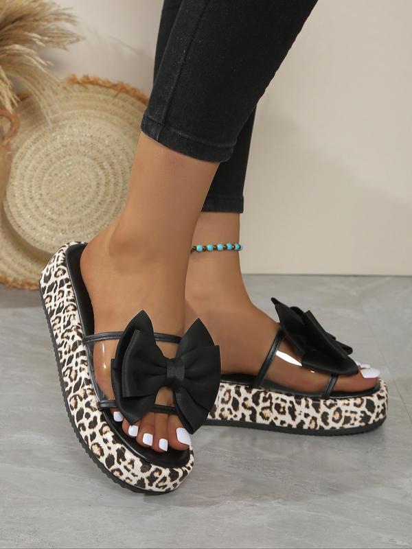Women's Fashionable Leopard Print Bowknot Design Slides, Summer Sandals, Casual Comfortable Platform Slippers for Summer, Female All-match Round Toe Slippers for Daily Wear, Sandals Heels Walking Shoes 2