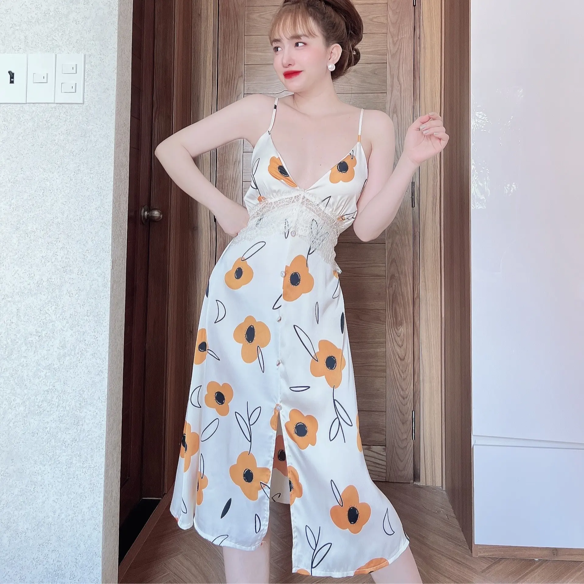 Váy Ngủ Nữ  Vải Latin Kết Nút Có Mút 43-60Kg