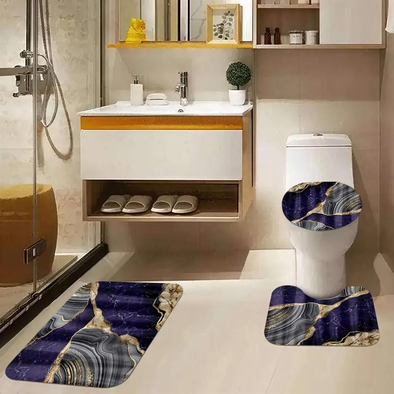 Marble Pattern Bathroom Accessories, 1 Set Including Shower Curtain with 12 Hooks, U-shaped Mat, Toilet Lid Cover Pad and Rectangular Mat 4
