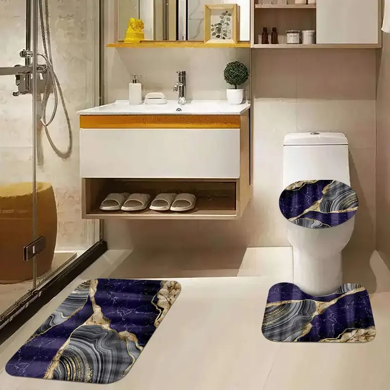 Marble Pattern Bathroom Accessories, 1 Set Including Shower Curtain with 12 Hooks, U-shaped Mat, Toilet Lid Cover Pad and Rectangular Mat 4