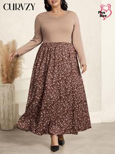 CURVZY Plus Size Patchwork Ditsy Floral Print V Neck A Line Dress, Casual Long Sleeve High Waist Dress for Daily Wear, Women's Clothing for All Seasons
