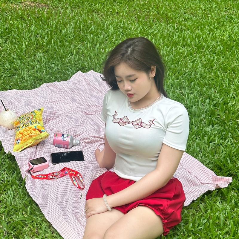 Áo Nơ Ren Thêu Babytee có Minisize Bigsize Phương Phương House Nữ Women Top Shirt Cổ Tròn đỏ baby tee cho bigsize