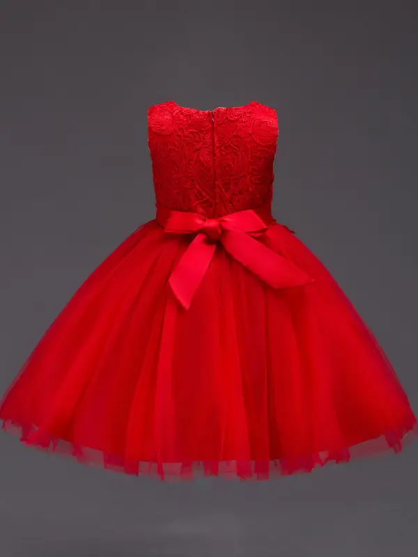Girl's Contrast Lace Appliques Big Bow Decor Tulle Dress, Elegant Sleeveless Round Neck Midi Dress for Party Performance Wedding Guest, Kids Clothes for All Seasons 1