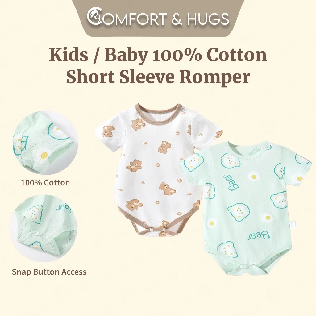 C&H Unisex 100% Cotton Baby Romper for 0 to 24 months -Short Sleeve Baby Bodysuit Baby Onesie Baby Clot