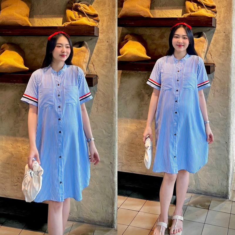 MUMMUM/ Đầm bầu sọc sơ mi cổ trụ viền sang chảnh cá tính Nữ Women Váy Bầu