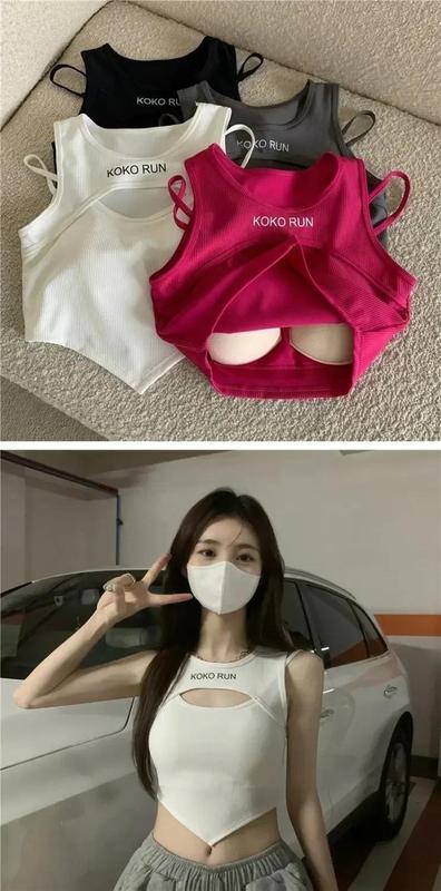 Product Introduction of Casual Crop Tops Women Knit Irregular Tops Hollow Out Camisole Fake Two Pieces Tank Tops With Bra Pad Women Summer 4