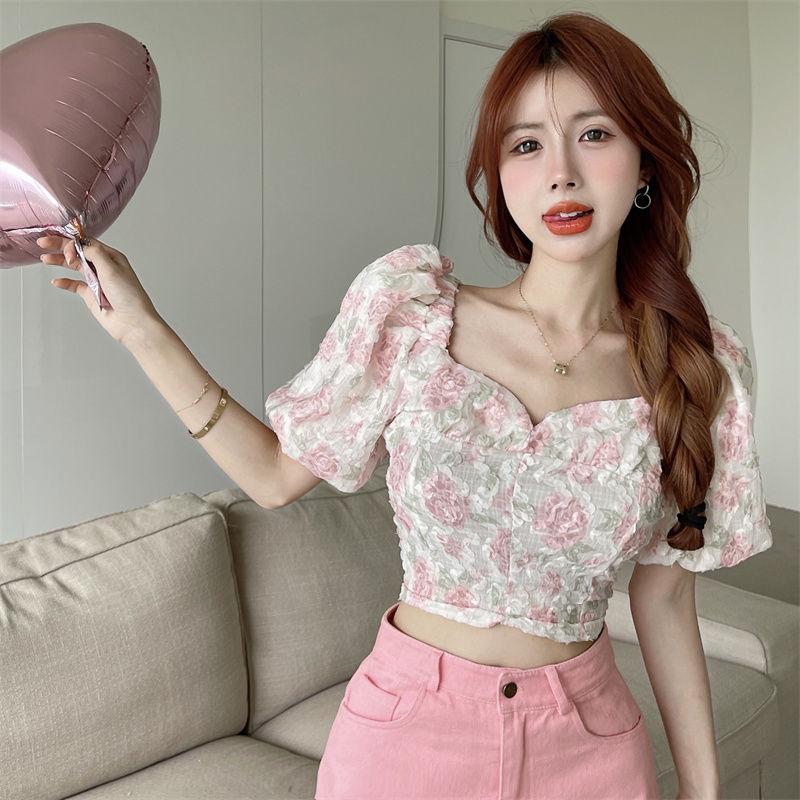 Áo croptop hoa tay phồng nữ, áo croptop cổ vuông, tay ngắn, mùa hè