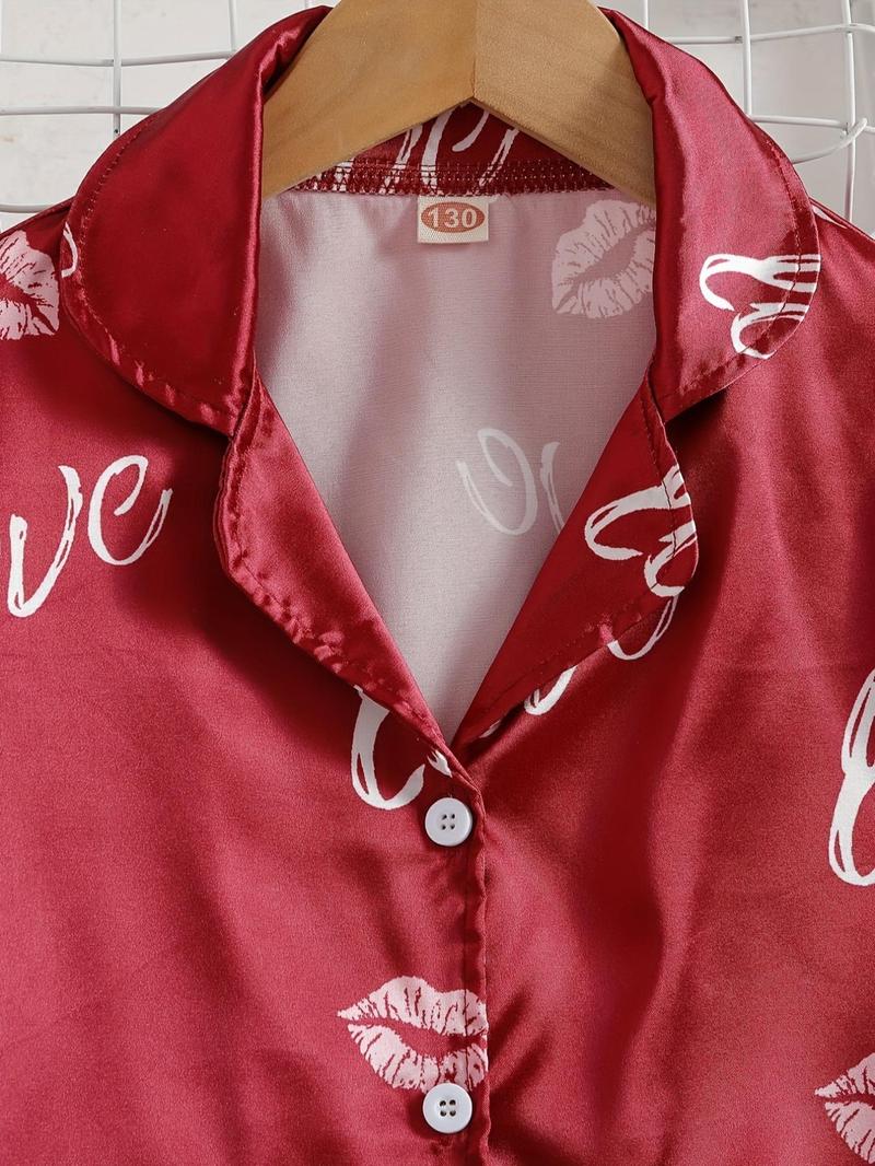 Product Introduction of Girl's Heart Print Lapel Button Front Shirt & Elastic Waist Pants & Cami Crop Top Satin Loungewear Set, Casual Soft Comfortable Pyjama Set for Kids, Valentine's Day Gift, Kids Sleepwear for All Seasons 9
