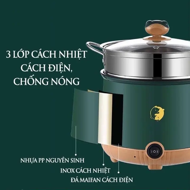 Nồi Lẩu Điện Mini Nấu Mì 2 Tầng Kèm Giá Hấp Đa Năng Nướng, Luộc, Chiên Chống Dính Vấn Đá Tiện Lợi Nồi Điện 8