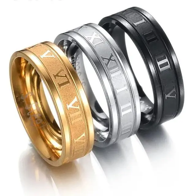Cincin Couple Hitam Titanium Stainless Steel Angka Romawi Dan Sisi Rata Polos Anti Karat Selamanya Fashion Ring Pria Wanita Gaul Metal Gaya Elegan Kasual Vintage Colossal Anniversary Hari Jadi