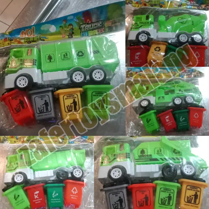 2pc MAINAN MOBIL TRUCK SAMPAH PLUS TEMPAT SAMPAH UKURAN MINI / MAINAN MOBIL TRUK KOMPACTOR MINI 3