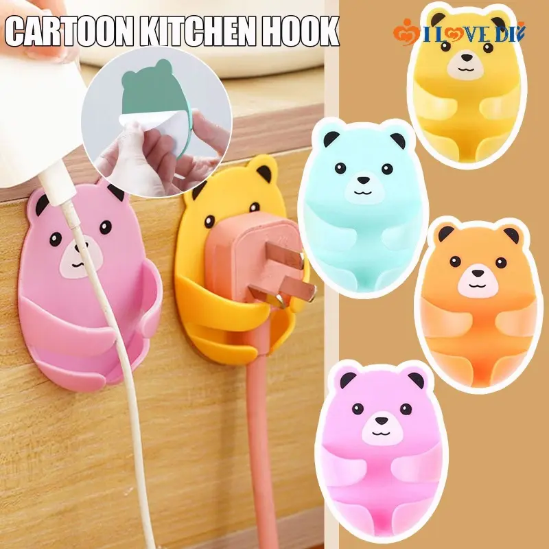 Cute Cartoon Cuddle Bear Sticky Hook/ Wall-mounted Punch-free Power Plug Socket Holder/ Household Storage Accessories