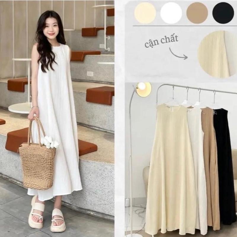  Váy Ba Lỗ Đũi Gân YT40 Đầm Ba Lỗ Dáng Dài 2 Lớp Có Túi Sườn Mặc Hè Siêu Mát 