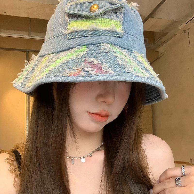 Mũ Bucket Denim, Thiết Kế Độc Đáo Của Harajuku, Dành Cho Nam Và Nữ, Thích Hợp Cho Mùa Xuân Và Mùa Hè, Che Nắng, Thời Trang, Họa Tiết Đầy Màu Sắc, Phong Cách Cổ Điển Hip-Hop, Mũ Nữ 0
