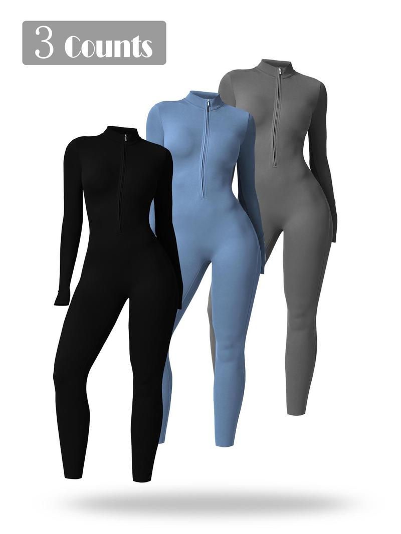 Product Introduction of Sporty Women's Solid Color Half Zip Mock Neck Sports Jumpsuit,  Tummy Control Jumpsuit,  Casual Comfy Breathable Long Sleeve Skinny Jumpsuit for Yoga Gym Workout, Ladies Sportswear for All Seasons 8