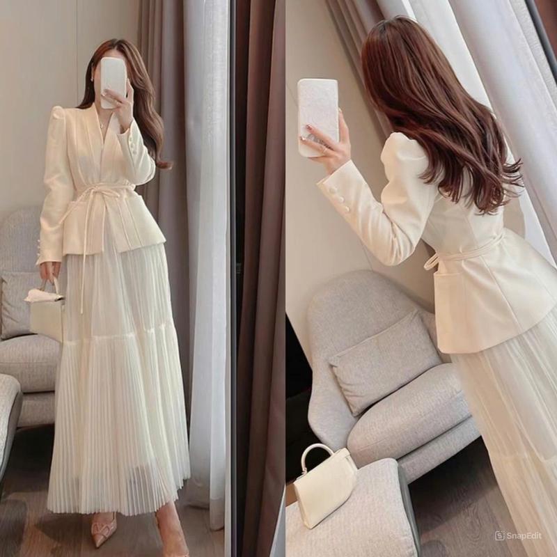 Set (áo vest + chân váy ) áo vest buộc dây phối chân váy lưới H95