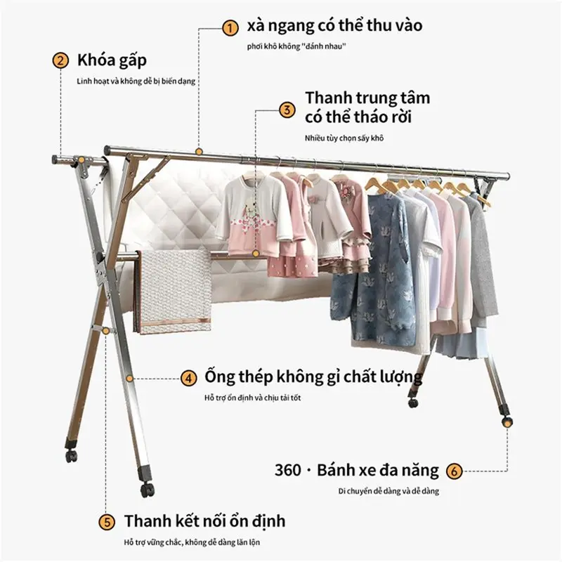 Giàn Phơi Quần Áo Thông Minh, Giá treo quần áo có bánh xe, chất liệu thép không gỉ 304, đa dạng kích thước chọn lựa Kệ 2