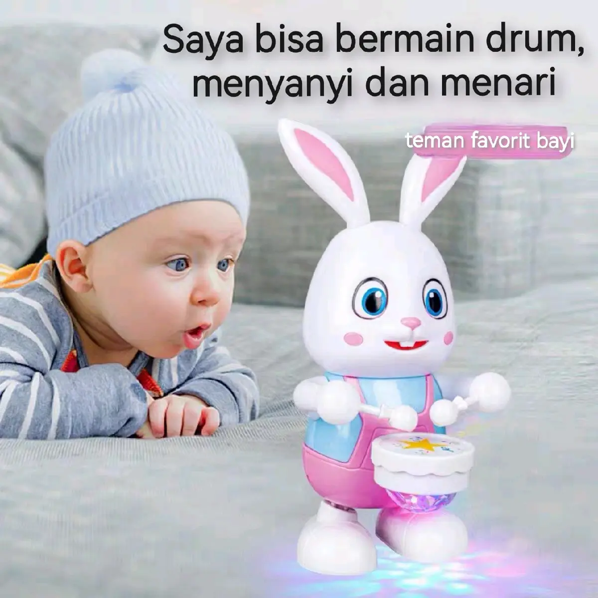 COD Mainan Anak Kelinci Drum Dengan lampu dan musik, bisa bermain drum dan menari Educational Multicoloured Musical toys