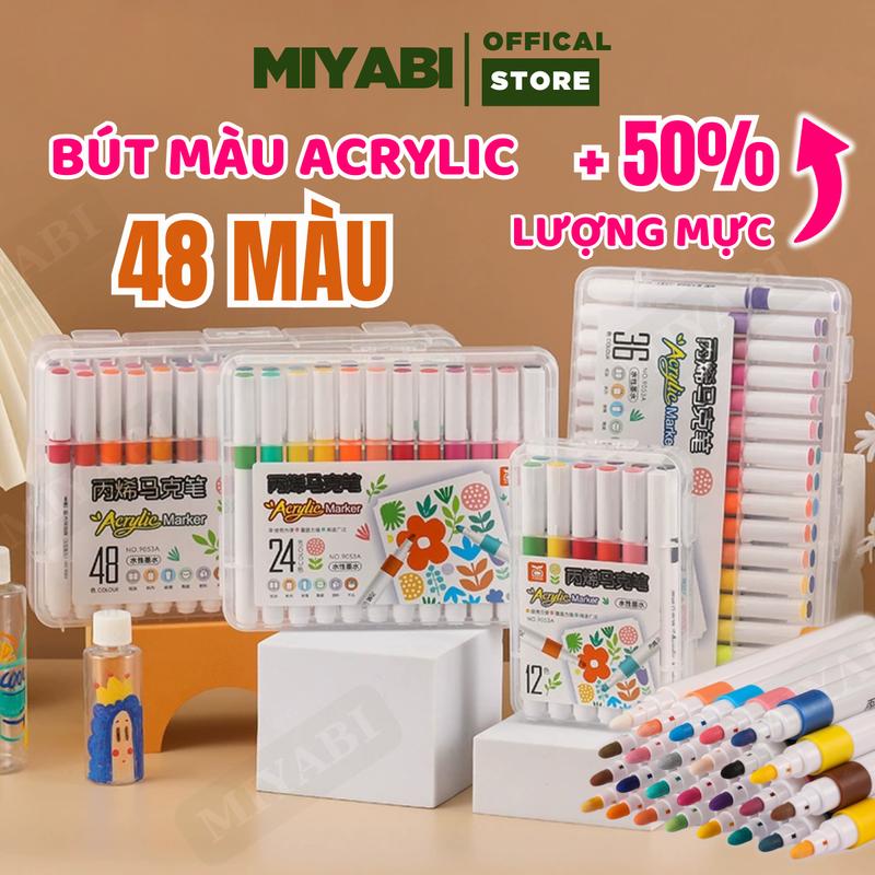 Bút màu Acrylic Marker Thêm 50% Mực 12/24/36/48 Màu bút sơn acrylic chống nước vẽ trên mọi chất liệu vẽ giày vải chai lọ