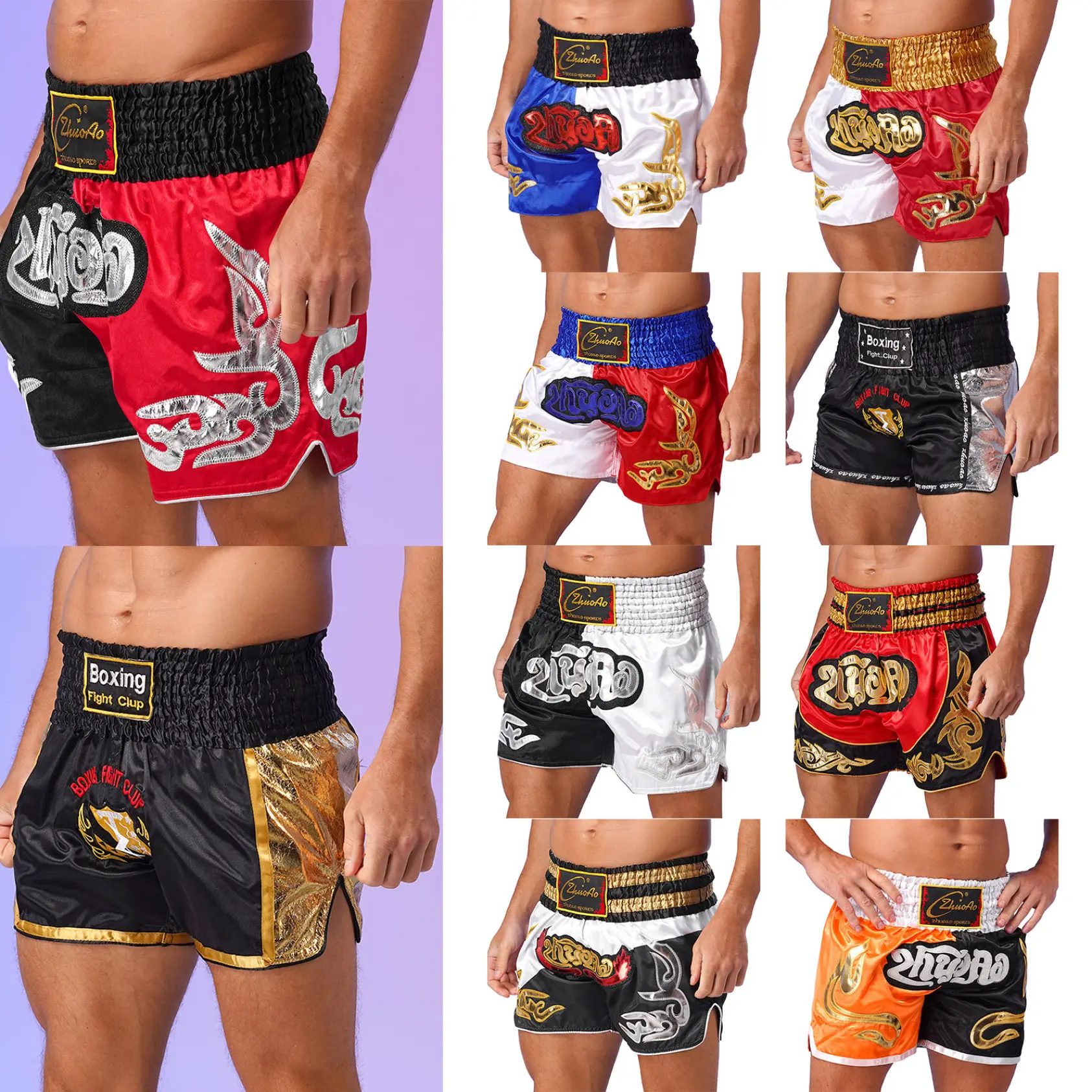 Yhong Men's Kick Boxing Shorts Hand Embroidered Muay Thai Kickboxing Trunks MMA Gym Boxer Shorts