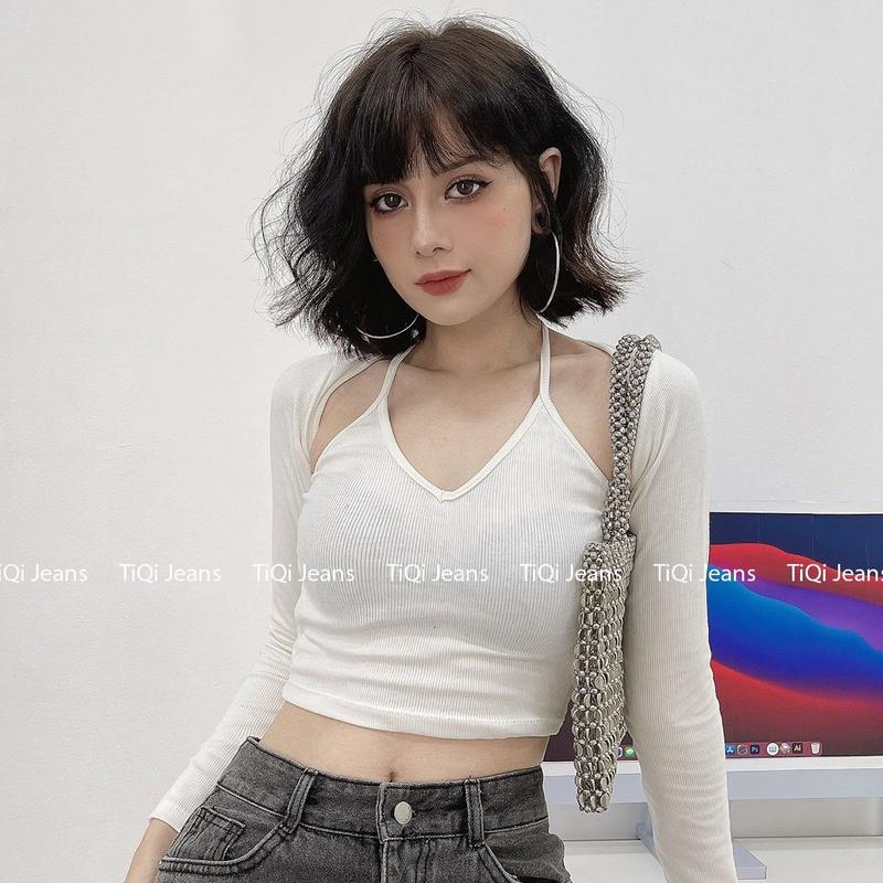 Áo croptop nữ dài tay ôm cổ yếm buộc dây hở lưng nhiều màu TiQi Jeans A-177