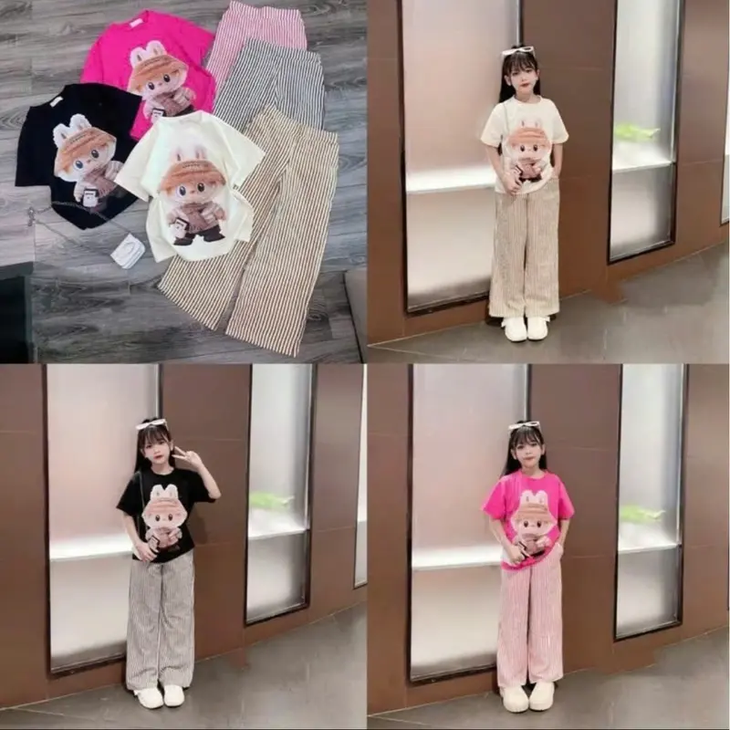 COMBO 3 Bộ Đủ Size 12-44KG Chất Liệu Cotton Su. Quần Kẻ Sọc Áo In Hình LABUBU Cho Bé Gái 1
