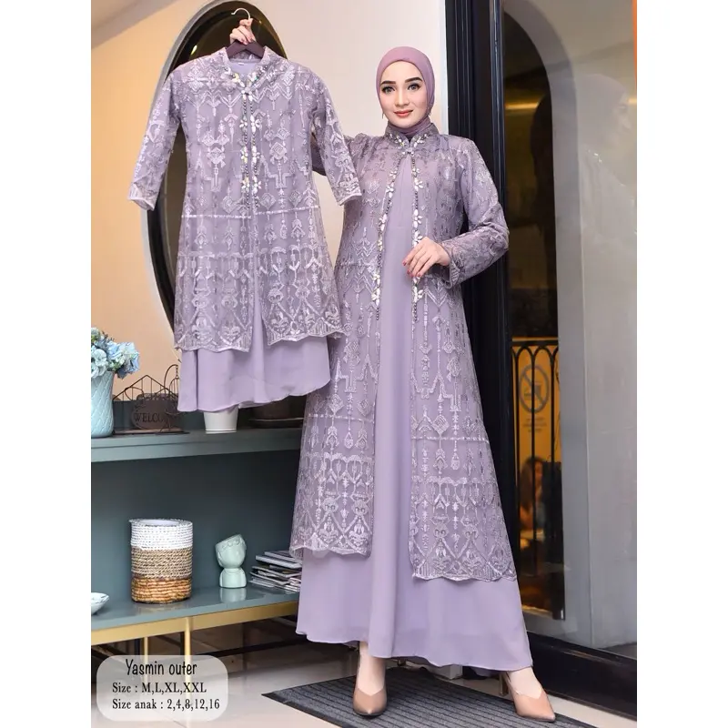 AKS> Gamis Yasmin Outher Lepas Pasang / Gamis Busui Friendly / Gamis Outher Couple Ibu dan Anak / Gamis Modern Couple / Gamis Kekinian /  Couple / Gamis Anak / Gamis Dewasa / Premium Muslim/ Baju Panjang Kondangan Pesta Lebaran / Kombinasi Payet 6