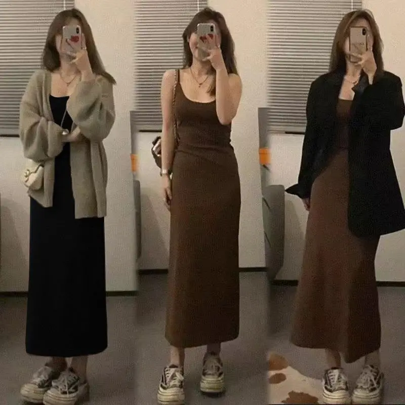 Gaun Anduh Bottoming Slim Fit, Slim Fit, Gaun Dalam Tanpa Lengan, untuk Wanita, Pinggang-Tertutup, Sesuai Langsing, Sesuai, Sesuai untuk Musim Luruh