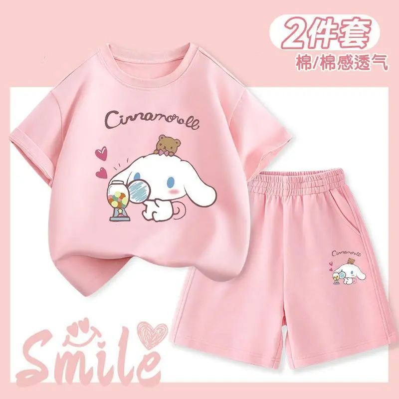 Bộ Đồ Mùa Hè Cho Bé Gái, Thiết Kế Cinnamoroll Và Babycinnamoroll, Áo Sơ Mi Ngắn Tay Và Quần Đùi, Quần Dài Đến Đầu Gối Tay Lửng Cho Trẻ Em, Bộ Đồ Hai Mảnh, Thích Hợp Cho Trẻ Em Trung Bình Và Lớn, Bộ Đồ Mỏng