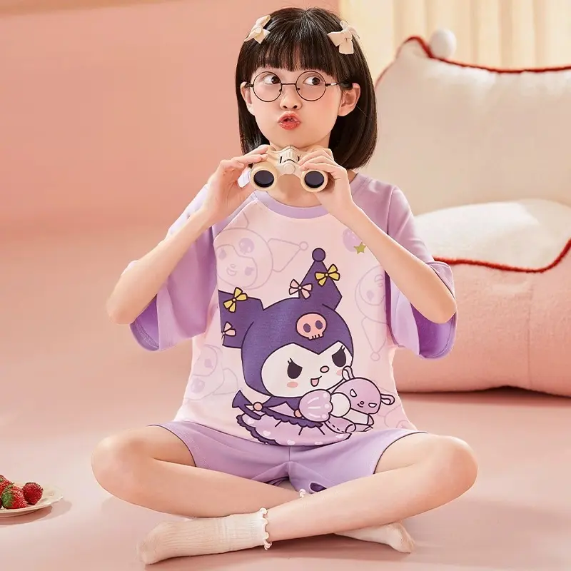 Bộ đồ ngủ trẻ em Happy cho bé gái 2024 mùa hè - 6 màu, cotton nguyên chất, tay ngắn bộpolobégái có thể giặt máy vừa in vừa in đồbộquầnsọccaro 12tuổi bộđồ blackpink 3