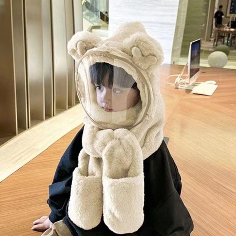 ￼Mũ lông Trùm Đầu Có Kính Chắn Gió Kèm Khăn Quàng Cổ Và Găng Tay Cho Bé, Nón Len Lông Cừu Cho Bé Kem Hat Voi Giữ Ấm