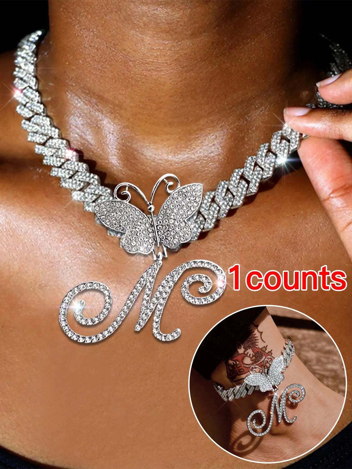Fashion Letter Design Pendant Necklace & Cuban Link Anklet, Rhinestone Decorated Jewelry Set for Party, Daily Clothing Decor, Trendy All-match & Exquisite Jewelry for Birthday Gift