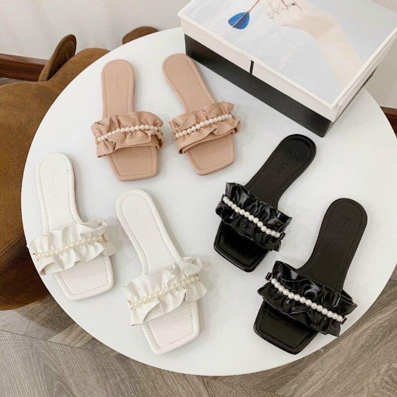 Dép nữ quai ngang bèo nhún đính ngọc châu siêu nữ tính DéP Shoes