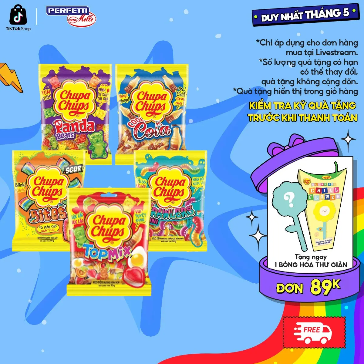Kẹo dẻo Chupa Chups (Gói 56g/90g/160g) hương trái cây hỗn hợp, hương cola mang đến vị ngọt, vị chua và đa dạng hình dáng