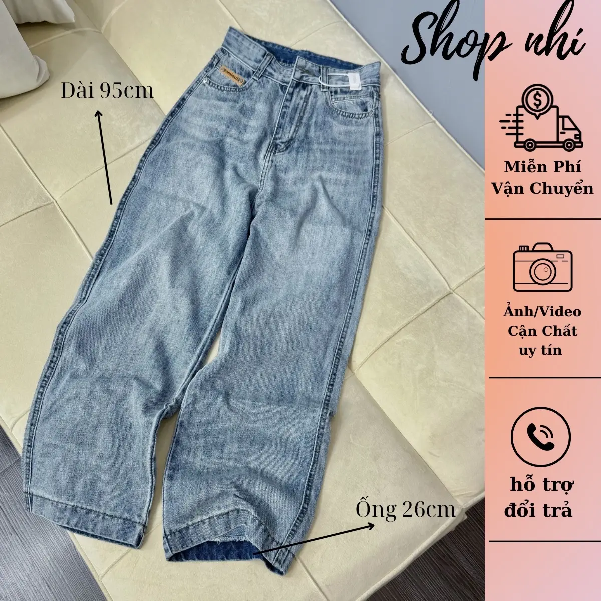 (93/94cm) Quần Jean Nữ  Suông Nấm Thêu Nơ QC . Jean ko giãn . Ống 26cm . Đủ Size S/M/L - Women Pants Voi ( 6109 )