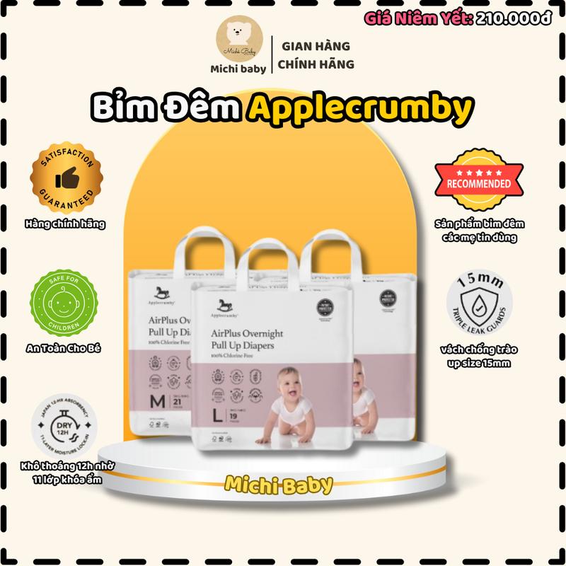 Bỉm Đêm Applecrumby AirPlus Overnight Cho Bé NB/S/M/L/XL/XXL, tã bỉm siêu thấm hút- Michi Baby MC580