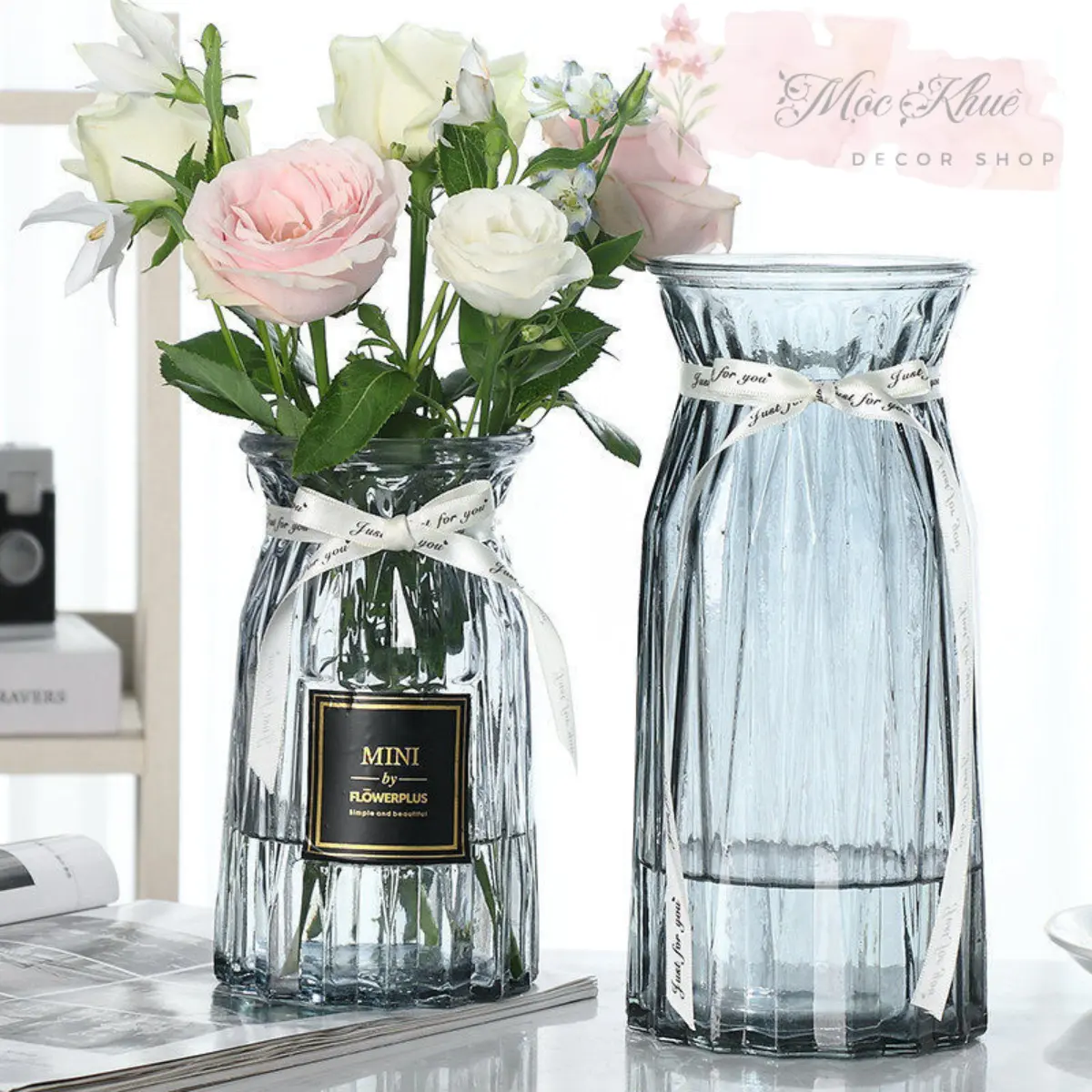 Lọ Hoa Thủy Tinh Múi Khế Cao Cấp Sang Trọng Cổ Thắt Nơ nhà Mộc Khuê [TẶNG KÈM NƠ] Decor, Decor nhà, gốm bát bình