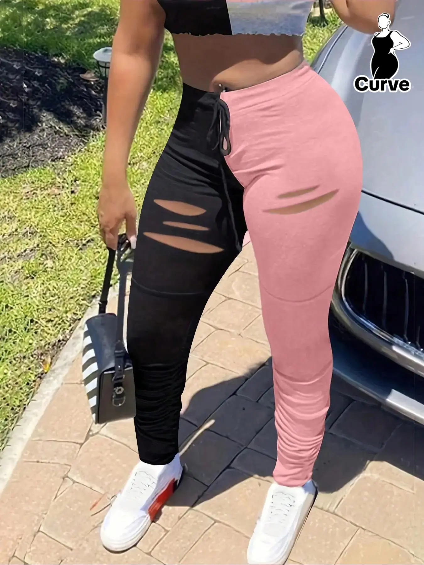 【Plus Size】 Colorblock Ripped Ruched Skinny Pants, Casual Comfy Tie Front Trousers for Daily Wear, Women's Bottoms for Spring & Fall