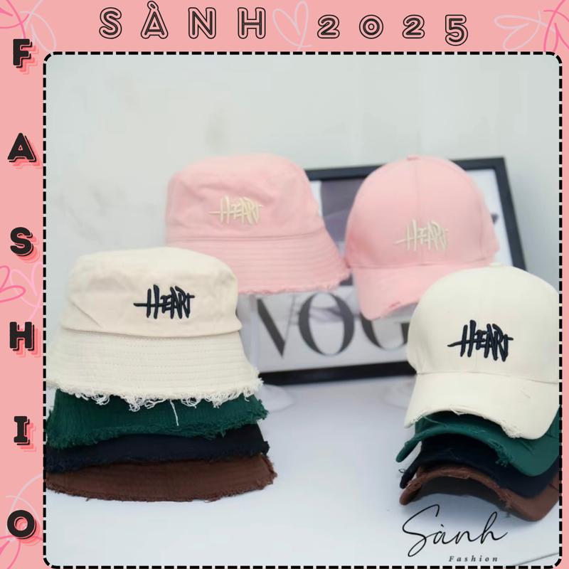 Mũ lưỡi trai và mũ bucket thêu chữ HEART chất vải kaki rách chống nắng unisex nam nữ_sanhfashion Voi Hat Cap