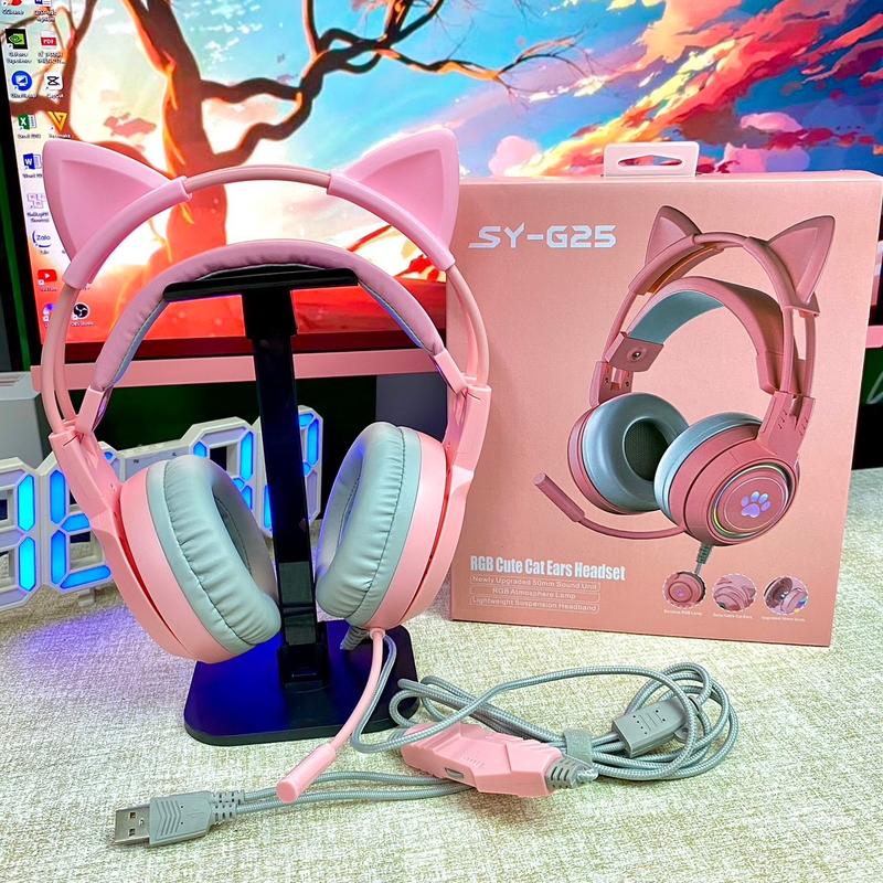 Tai nghe gaming SY-G25 với thiết kế tai mèo cực kì dễ thương có đèn led RGB dành cho game thủ - Bảo hành 6 tháng Chụp Tai Nghe Nhạc Nhét Tai Earphone Headphone